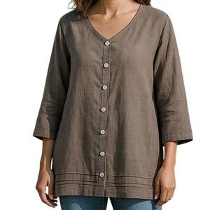 ROSE Women's 100% linen Brown Button-Up Lagenlook boho Top‎ size Large